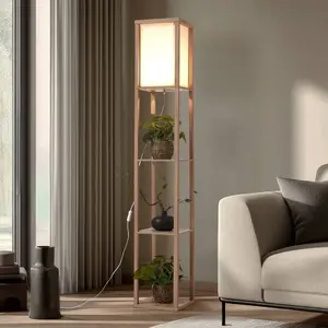 Lindby - vloerlamp hout - 1licht - Hout, textiel - H: 159 cm - E27 - houtkleurig, wit