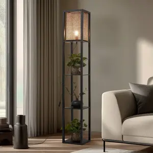Lindby - vloerlamp hout - 1licht - Hout, rotan - H: 159 cm - E27 - zwart, naturelkleurig pas cher