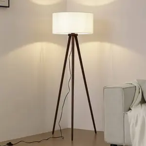 Lindby - vloerlamp - 1licht - Walnoothout, textiel - H: 150 cm - E27 -... pas cher