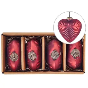 BELIANI Lot de 4 Boules à Suspendre au Sapin de Noël Forme de Coeur Fait Main en Verre Rouge Feriable pas cher