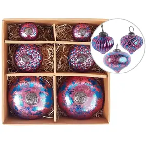 BELIANI Lot de 6 Boules de Sapin de Noël Suspension Fait Main en Verre Rose et Bleu Astrale pas cher