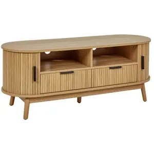 BELIANI Meuble tv avec 2 Portes Coulissantes 2 Tiroirs 2 Étagères mdf Pieds en Bois Massif Bois Clair Selah pas cher
