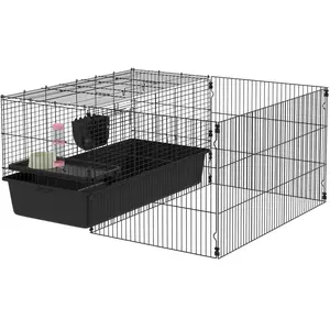 PawHut 99 cm Kleintierkäfig mit Laufstall, Kleintierstall mit Wasserflasche, Futternapf, Nagerkäfig mit Futtertrog, Meerschweinchenkäfig für Kleintiere Stahl Schwarz pas cher