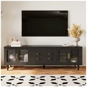 DREAMMESPACE Meuble TV 175x38x55.5cm, style rétro, avec 2 portes vitrées et 2 tiroirs, pieds en bois massif, noir pas cher