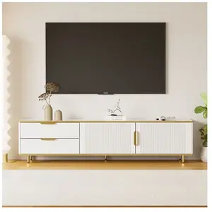 DREAMMESPACE Meuble TV 175x40x45cm, avec 2 portes et 2 tiroirs, plaque à texture sculptée, avec structure en marbre, pieds dorés, blanc pas cher