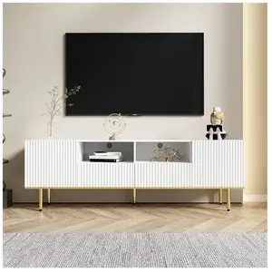 DREAMMESPACE Meuble TV 165x36x55cm, avec 2 portes, 2 tiroirs et 2 compartiments, pieds dorés et bord doré, Blanc pas cher