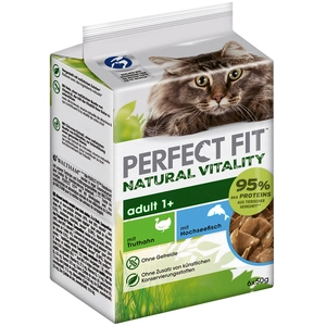 6x50g Natural Vitality Adult dinde, poissons de l'océan, Perfect Fit - Pâtée pour chat pas cher