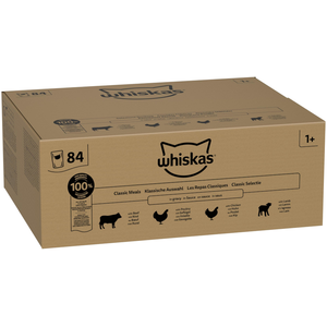Whiskas 1 + nourriture humide pour chat au choix classique en sauce, 84 x 85 g (1 grand paquet)   Nourriture humide de qualité supérieure pour chats adultes en 84 sachets pas cher