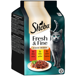 6x50g Délices du jour Fresh & Fine, Boeuf poulet et agneau en sauce Sheba pâtée pour chat pas cher