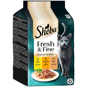 6x50g Fresh & Fine, poulet dinde et canard en sauce Sheba pâtée pour chat pas cher