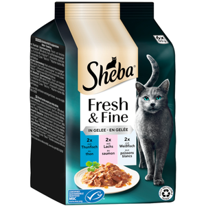 6x50g Fresh & Fine, thon saumon et poisson blanc en gelée Sheba pâtée pour chat pas cher