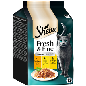 6x50g Fresh & Fine, dinde poulet volaille en gelée Sheba pâtée pour chat pas cher