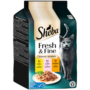 6x50g Fresh & Fine, poulet saumon et dinde en sauce Sheba pâtée pour chat pas cher