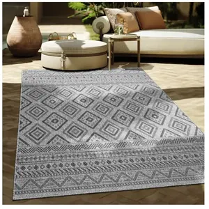 Paco Home Tapis Exterieur Terrasse Balcon Tapis Cuisine Moderne Motif Boho Losange Gris Gris foncé 80 cm rond