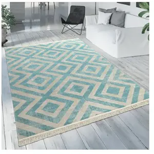 Tapis Extérieur Bleu Blanc Balcon Terrasse Motif Losanges Design Scandinave [120x170 cm]