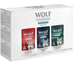 Wolf of Wilderness "Triple Taste" 12 x 125 g pour chien Lot mixte : Canadian Woodlands, Scandinavian Fjords, Mediterranean Coastlines pas cher