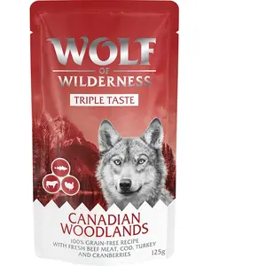 Wolf of Wilderness "Triple Taste" 12 x 125 g pour chien Canadian Woodlands - boeuf, cabillaud, dinde