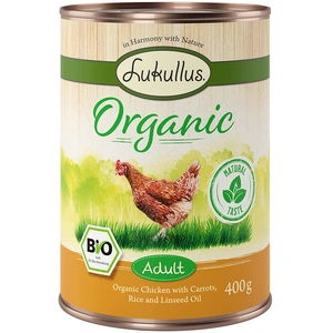 Lukullus Organic Adult poulet, carottes (sans gluten) pour chien - 6 x 400 g pas cher