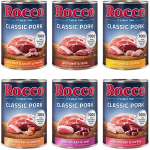 Rocco Classic Pork 6 x 400 g pour chien lot mixte : boeuf/agneau, poulet/dinde, poulet/veau, boeuf/coeurs de volaille, poulet/saumon, boeuf/pouletVendu parzooplus-be