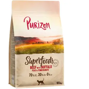 Lot économique : 2x6,5kg Superfoods boeuf avec buffle, petits pois et grenade Purizon croquettes pour chat pas cher