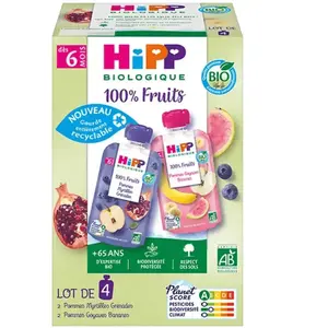 Hipp Gourdes 100% Fruits 2 variétés B 6 mois 4x90g pas cher