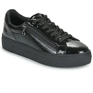 Basket Basse Cuir Tamaris - Noir Vernis - Femme - Lacets - Plat pas cher