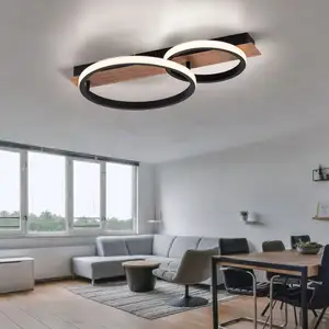 Plafonnier en bois métal noir led lumière en bois, design en anneau, a... pas cher