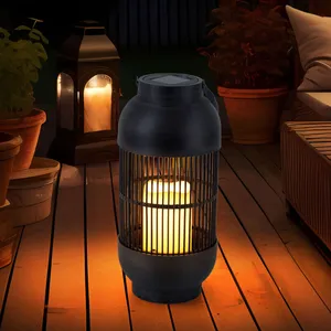 EXPO BÖRSE Lampe de table solaire lampe d'extérieur lanterne bougie lampe de jardin lampe de terrasse effet flamme, plastique noir, batterie, 1x led blanc
