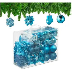 Relaxdays kerstballen set van 100 - kunststof - diverse ballen - mat - glanzend - met glitters - turquoise pas cher