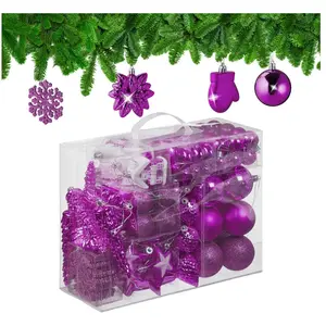 RELAXDAYS kerstballen set van 100 - plastic - onbreekbaar - mat - glanzend - glitters - 10 designs - paars pas cher
