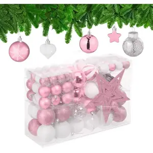 Relaxdays kerstballen - set van 101 - plastic - onbreekbaar - kerstpiek ster - roze/wit pas cher