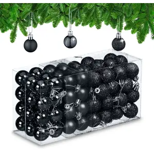 Relaxdays kerstballen set van 96 - kunststof - 3 cm - mat - glanzend - met glitters - zwart pas cher
