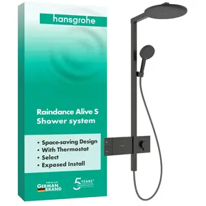 hansgrohe Raindance Alive S Puro - Showerpipe - Select-knop bediening - 300mm maat - 1 straalfunctie - Brushed Black Chrome - Met thermostaat