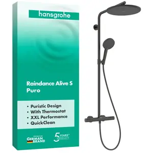 hansgrohe Raindance Alive S Puro - Showerpipe - Ecostat thermostaat - 300mm maat - 1 straalfunctie - Brushed Black Chrome pas cher