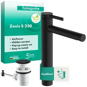 Hansgrohe Zesis S - Wastafelkraan met afvoerplug, EcoSmart+, CoolStart, mat zwart 74730670 pas cher