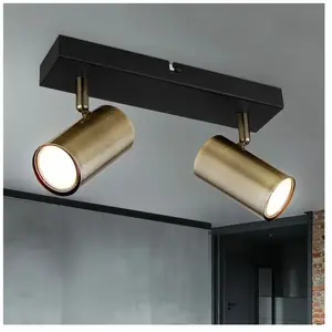ETC-SHOP Spot de plafond Lampe de chambre à coucher Spot bar, 2 flammes, design rétro, spot orientable, métal laiton, noir, 2x douille GU10, LxPxH 26x6x12 cm pas cher