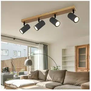 ETC-SHOP Spot de plafond 4 flammes plafonnier aspect bois GU10 plafonnier salon avec spots orientables, métal, 4x GU10, LxlxH 56x6x12 cm pas cher