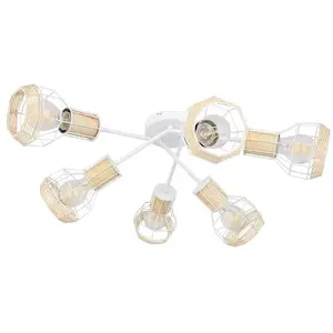 ETC-SHOP Plafonnier lampe en métal blanc bois raphia abat-jour rétro design éclairage pas cher