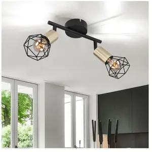 ETC-SHOP Plafonnier vintage plafonnier spot 2 flammes métal noir, spots mobiles, treillis métallique rétro doré, 2x douilles E14, HxLxP 20x22x8 cm pas cher