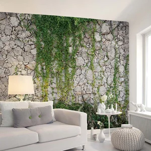 Steenmuur behang met planten, wingerd behang in 3D-look, steeneffect vliesbehang grijs groen, fotobehang met tuinmotief, 3,50 x 2,55 m, BRICOFLOR.de