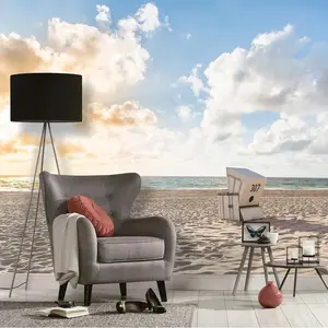 Fotobehang zee strandstoel, zee fotobehang zonsondergang, lichtblauw behang maritiem , 3D behang met strand motief, 3,50 x 2,55 m, BRICOFLOR.nl