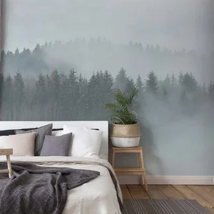 Fotobehang mist bos, Grijs behang met bomen, Vlies fotobehang met bos,...