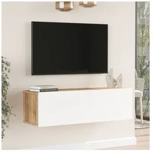 Meuble TV Lapinlahti à porte 29,5 x 100 x 31,5 cm effet bois de pin - blanc [en.casa] pas cher