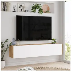 Meuble TV - EN.CASA - Lapinlahti - 2 portes - effet bois de pin - blanc pas cher