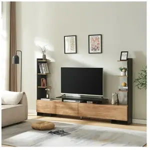 EN.CASA Meuble TV Rauki avec étagères latérales noir / effet bois de mangue pas cher