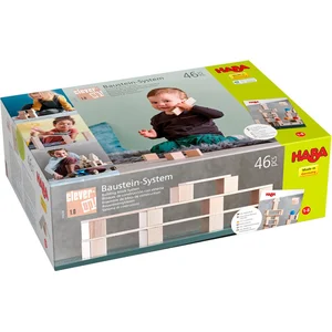 HABA Baustein-System Clever-Up! 1.0: 46 Teile (24 Würfel, 8 Platten, 14 Leisten), 1 Begleitheft, 1 Baumwolltasche pas cher