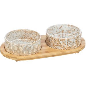 Trixie - Voerbak/Waterbak - Set - Keramiek/Bamboe - Wit/Natuur - 2X300 ML pas cher
