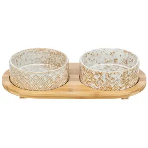 Trixie - Voerbak/Waterbak - Set - Keramiek/Bamboe - Wit/Natuur - 2X800 ML