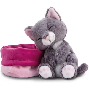 NICI Animal en peluche chat gris 12 cm endormi dans un panier rose - Peluche douce et durable, mignonne peluche à câliner, pour jouer, pour enfants et adultes, une excellente idée de cadeau pas cher