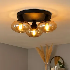 RL Plafonnier plafonnier lampe de salon métal noir verre ambre D 39cm pas cher